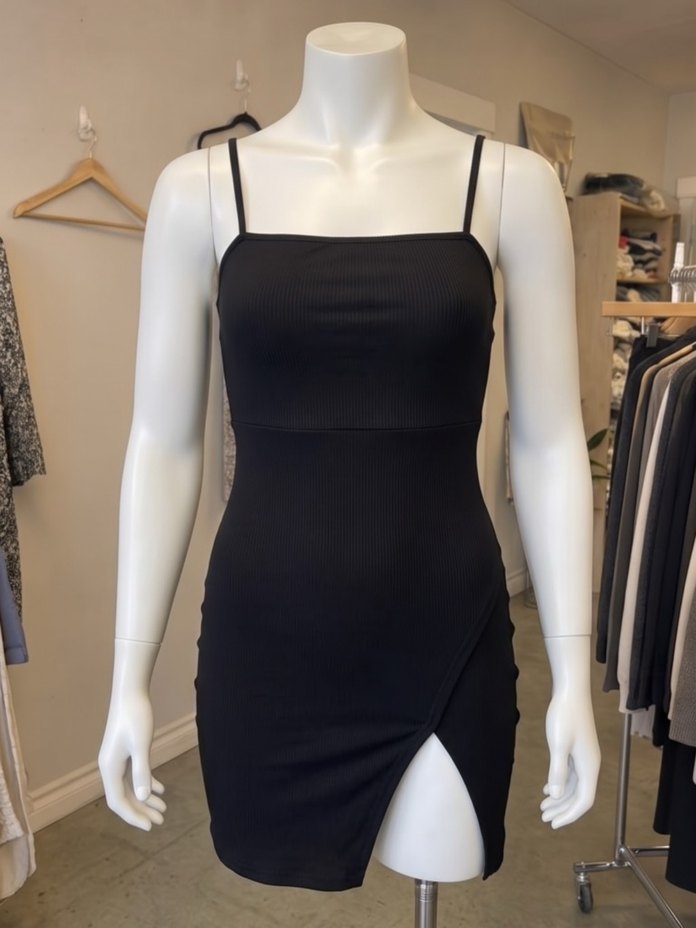 Heart & Hips Black Ribbed Bodycon Mini Dress Spaghetti Strap Side Slid Size S